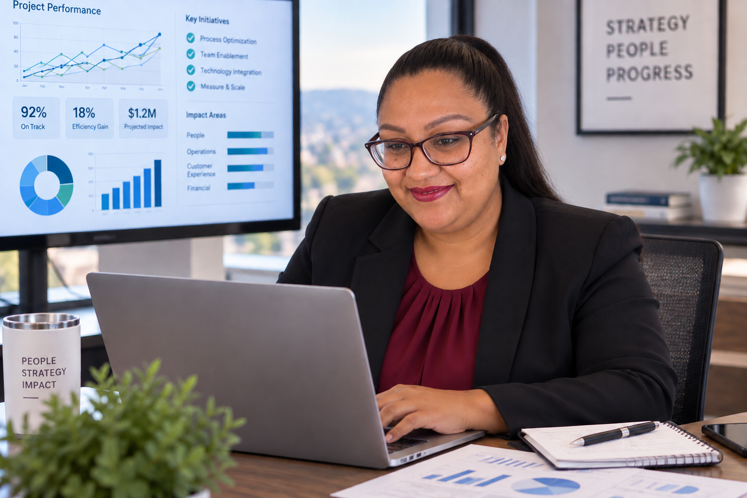Executive advisor at desk with city skyline view